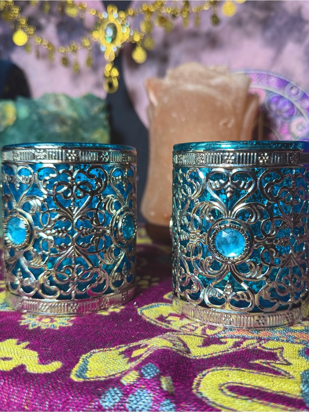 Gorgeous Set Blue Silver Gem Candle Holders Bombay Company